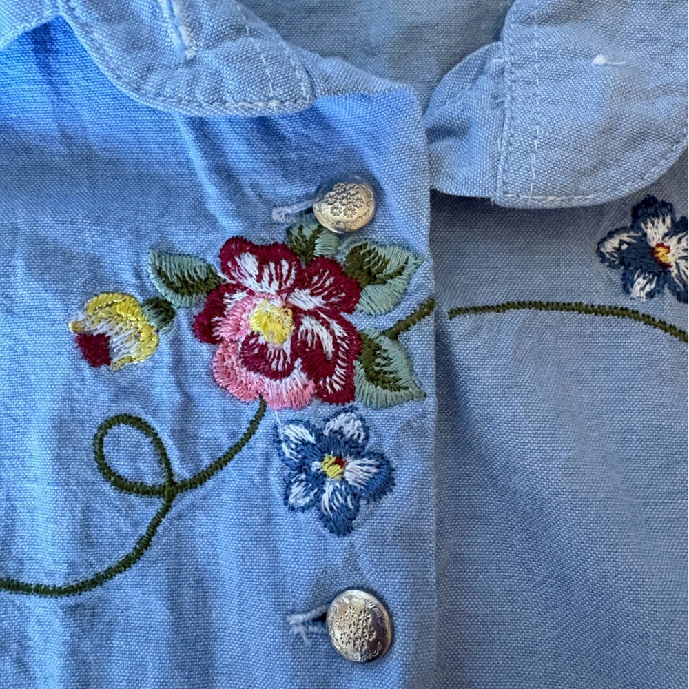 Vintage Capacity Floral Embroidery Long Sleeve Button Down Cotton Blouse Large - Picture 8 of 12